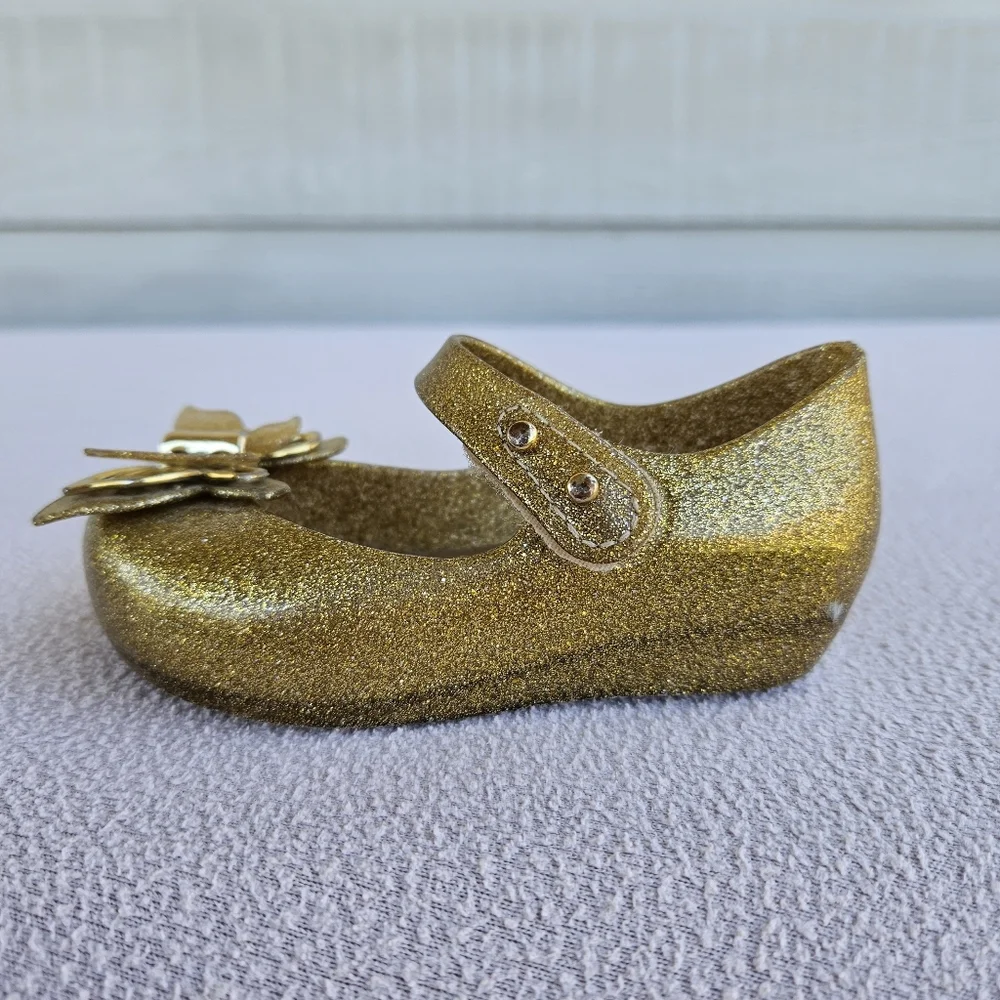 Mini Melissa Ultragirl Butterfly Gold Mary Jane Jelly Flats SZ 6 Hook & Loop